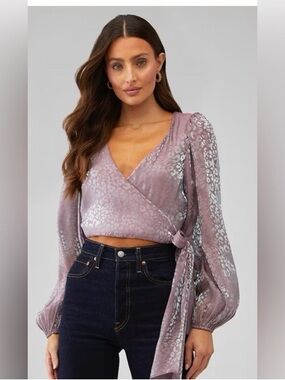 Show Me Your MuMu Lavender Metallic Wrap Crop Top with Puff Sleeves